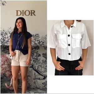 2 Short sleeve boxy button-up shirt white blue S